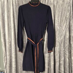 Vince Camuto Blue Sheath Sweater Dress with Long Bishop Sleeves and Mock Neck